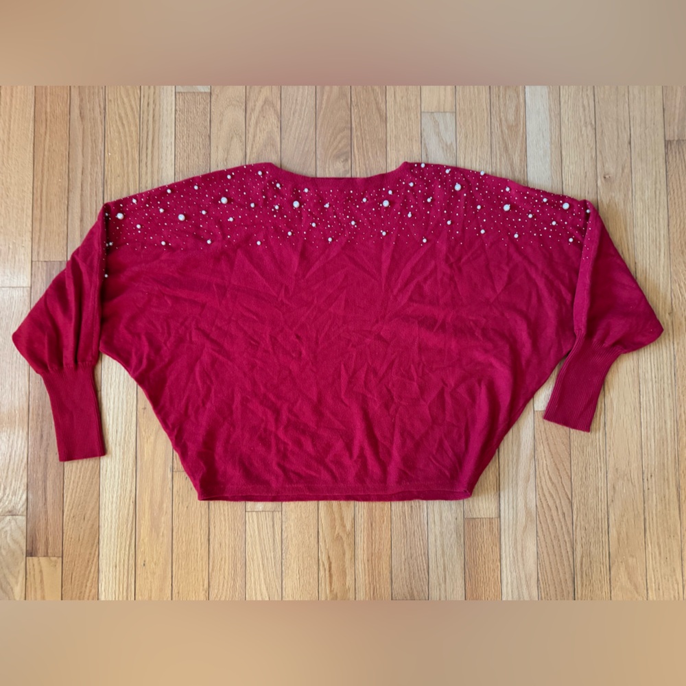 Elegant Red Women's Sweater with Pearl Accents